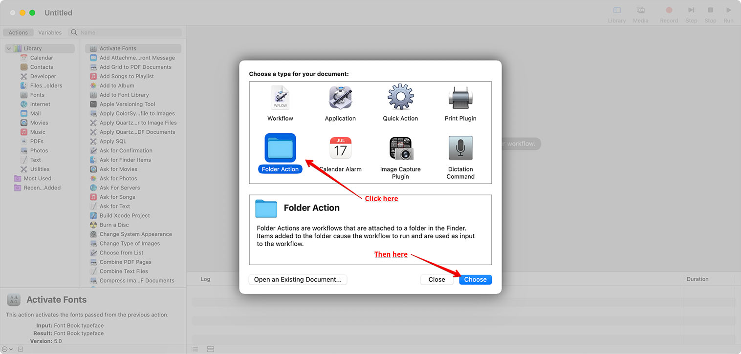 Selecting Folder Action in Automator