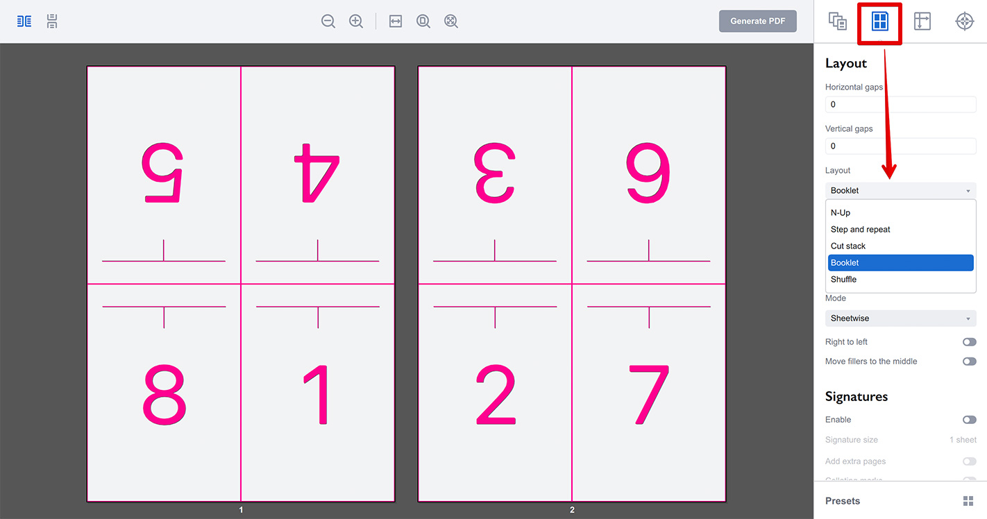 Booklet layout in Imposition Wizard