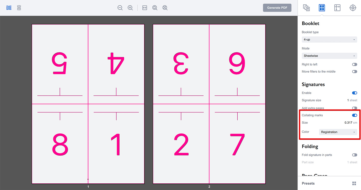 Booklet collating marks in Imposition Wizard