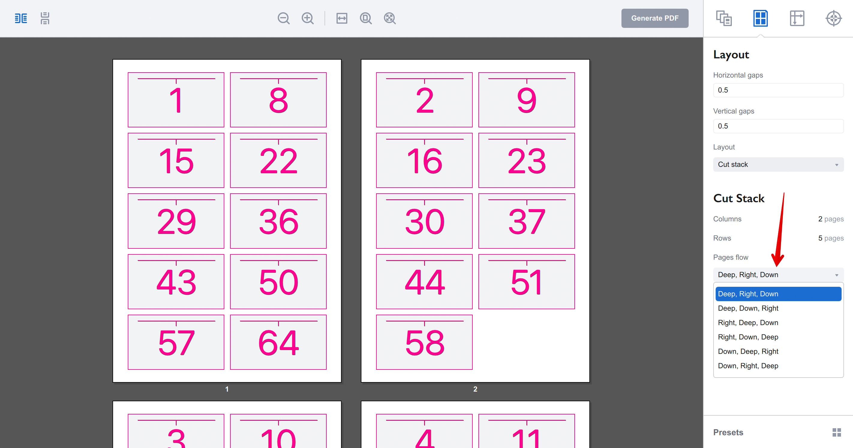 Pages flow parameter of the cut stack layout in Imposition Wizard