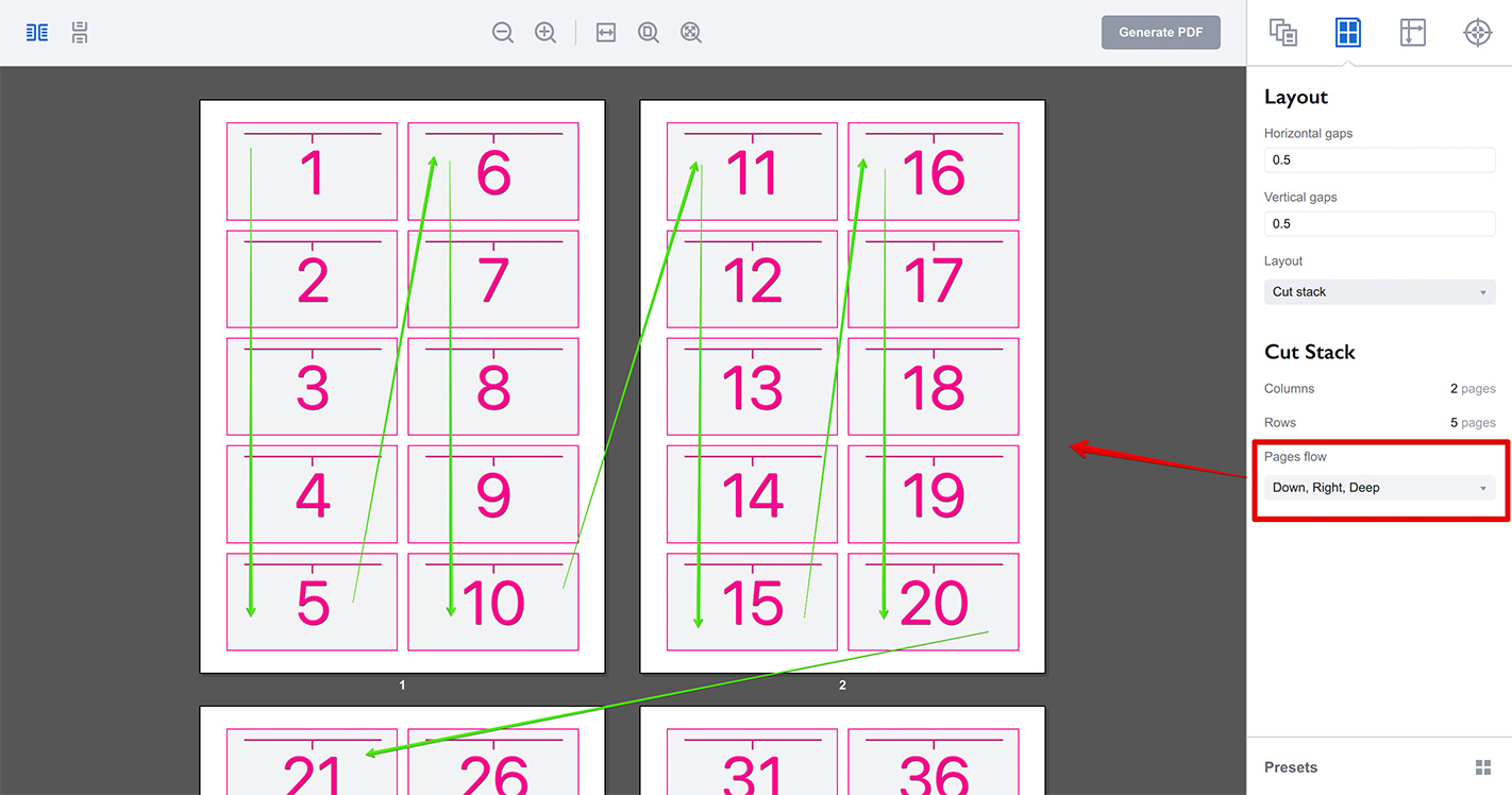 A different pages flow mode in cut stack layout in Imposition Wizard