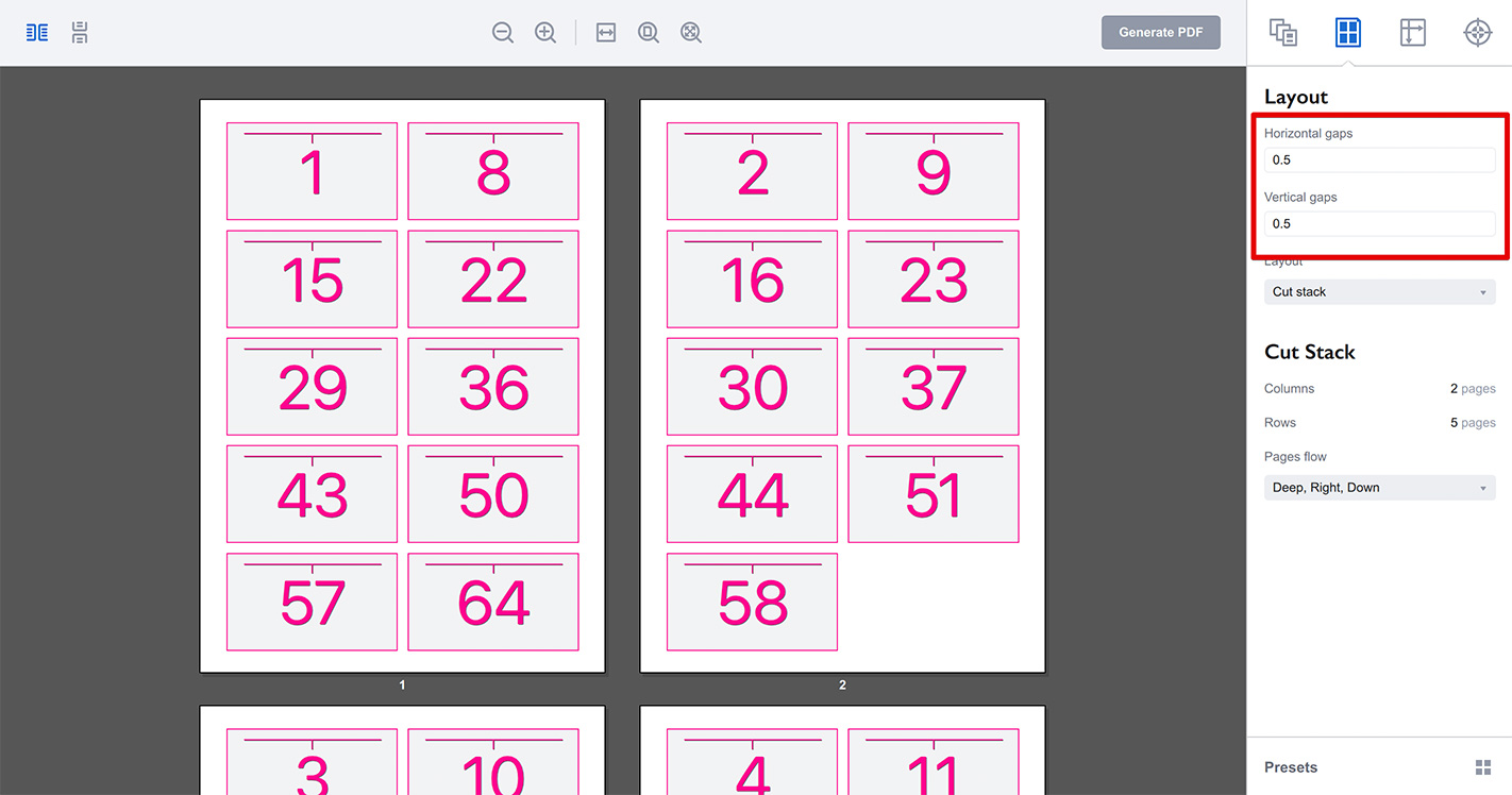 Editing the grid size of cut stack layout in Imposition Wizard