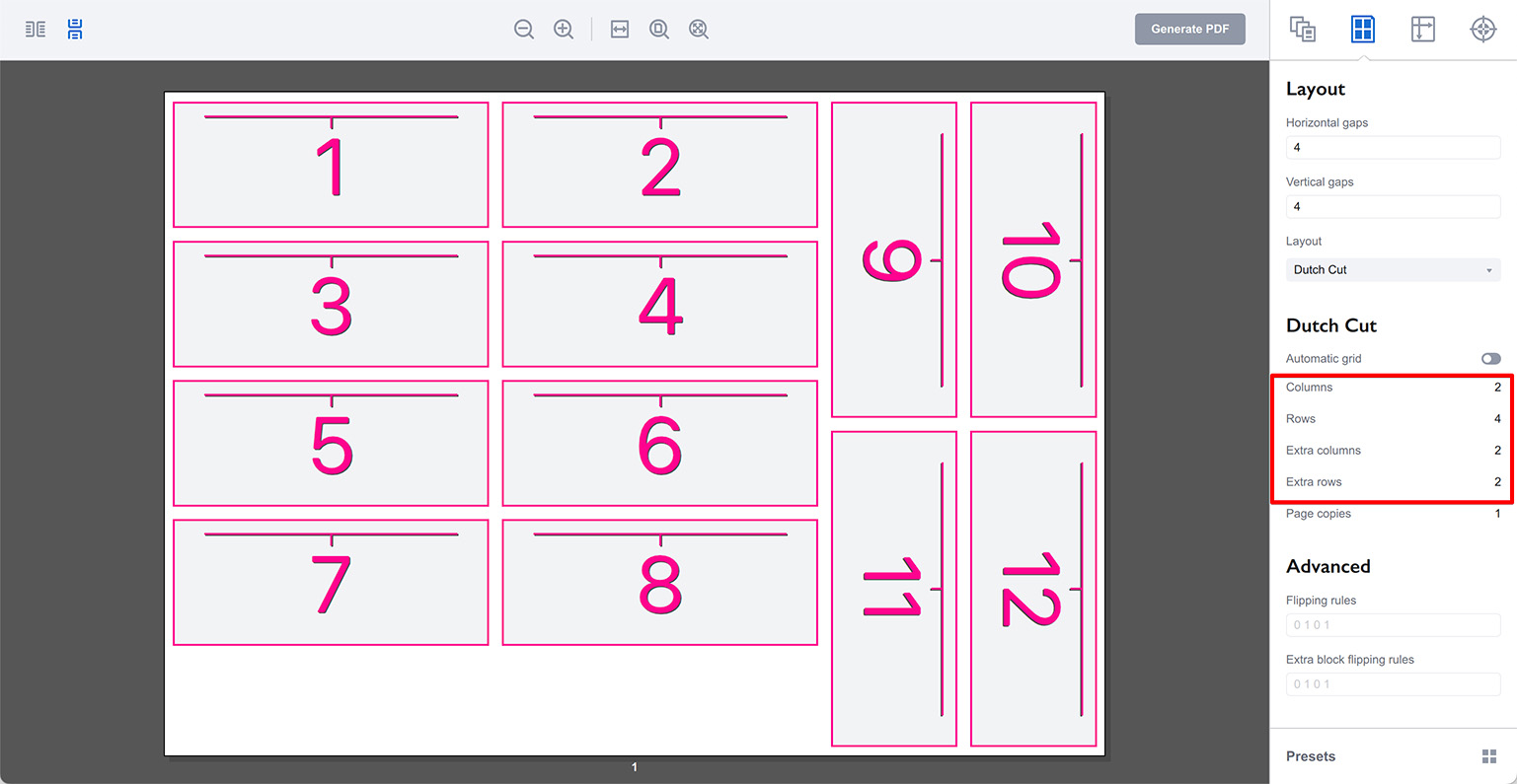 Grid setup parameters for Dutch Cut