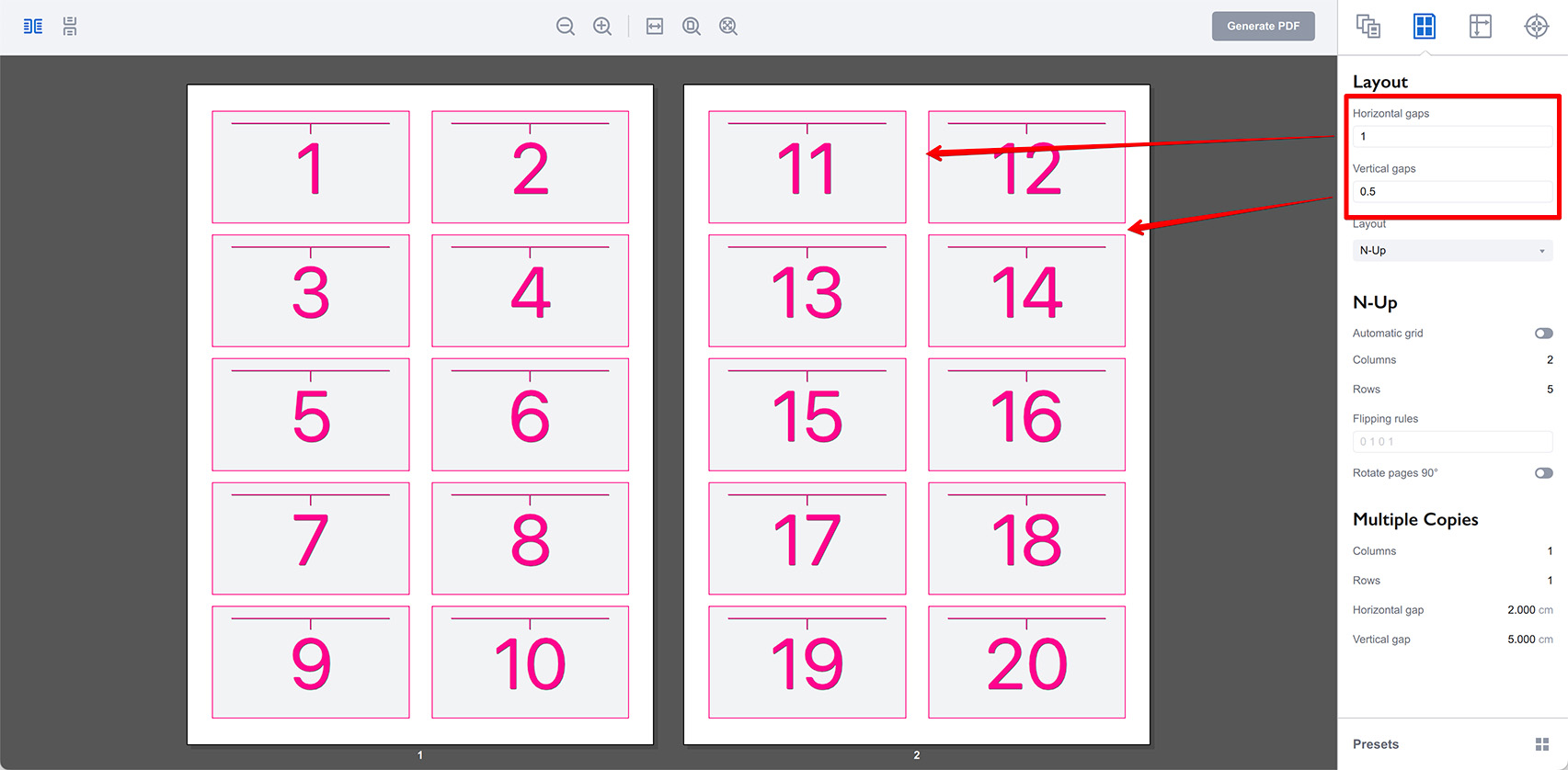 Configuring gaps between pages