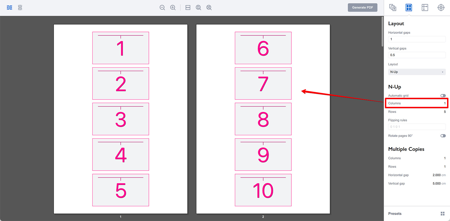 Changing the number of columns in the n-up layout