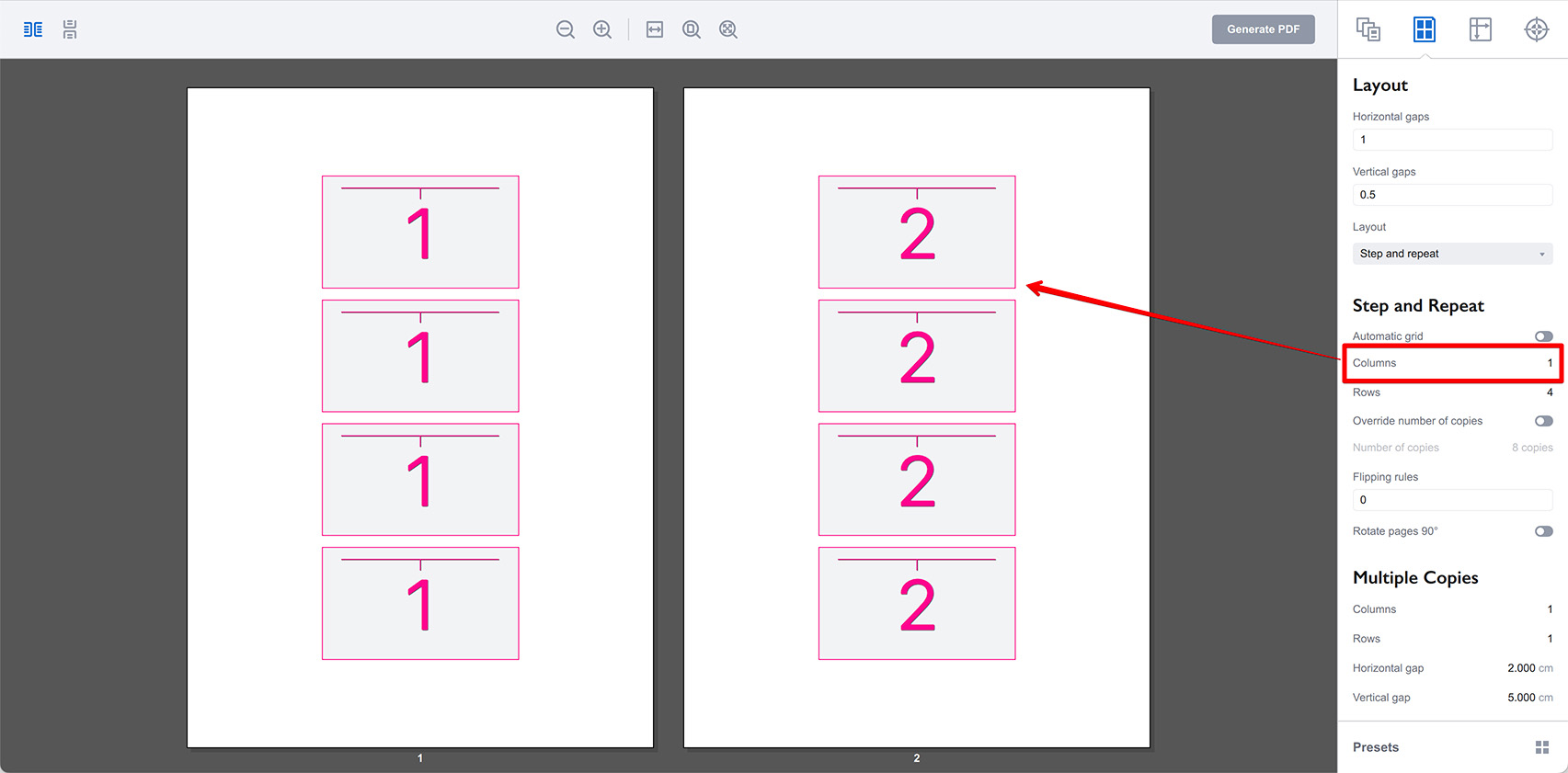 Changing the number of columns in the step and repeat layout