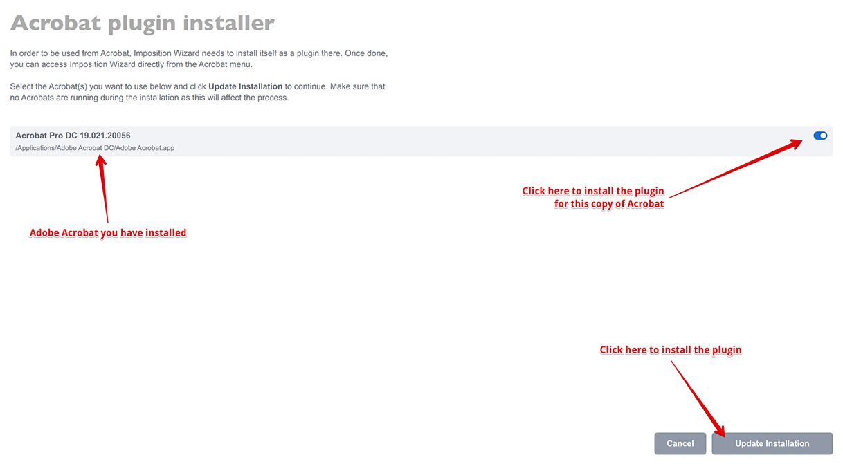 Selecting Acrobat copies to installing the Imposition Wizard plugin to