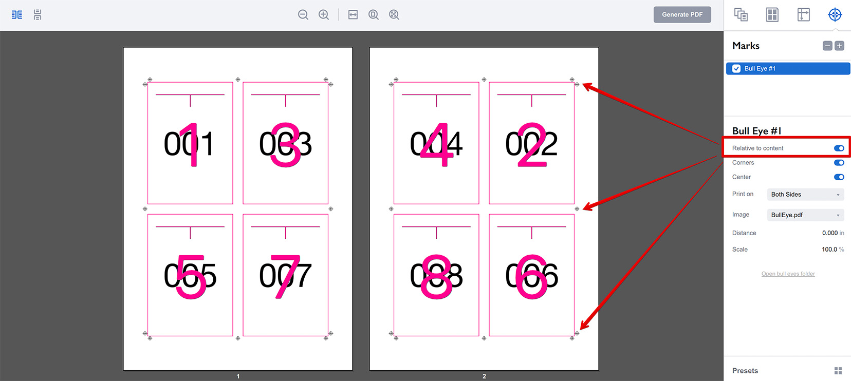 Placing bull eye marks around the pages block