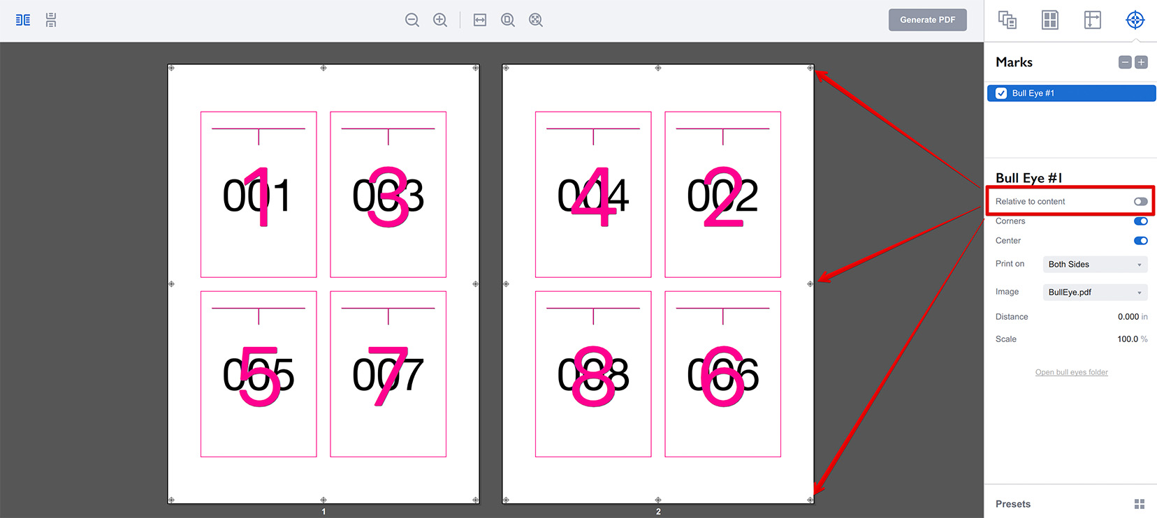 Placing bull eye marks next to the sheet edges