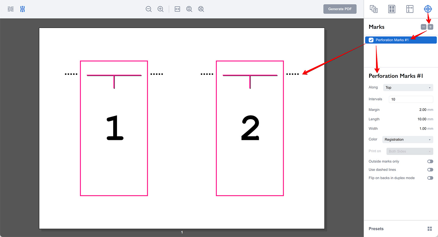 Adding perforation marks in Imposition Wizard