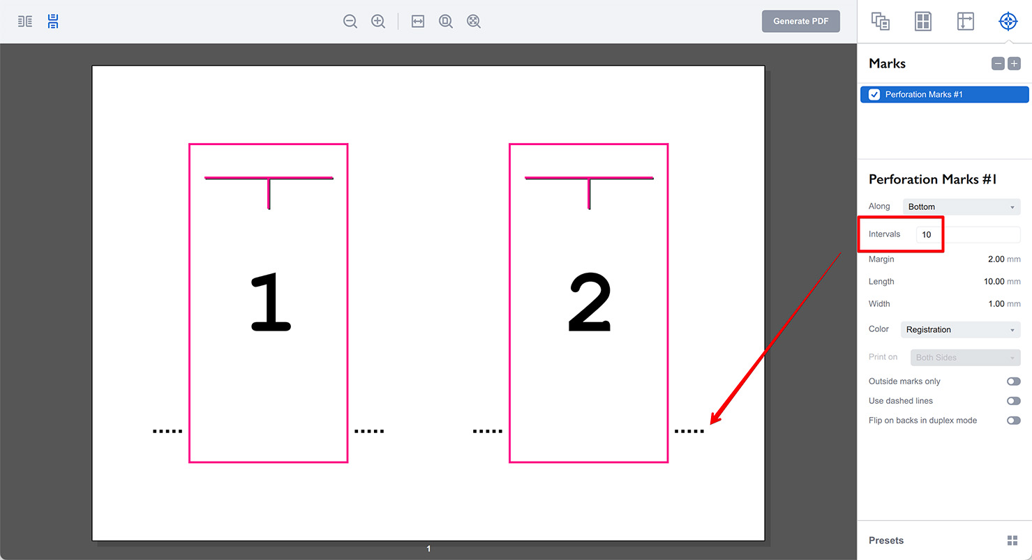 Changing the perforation marks interval