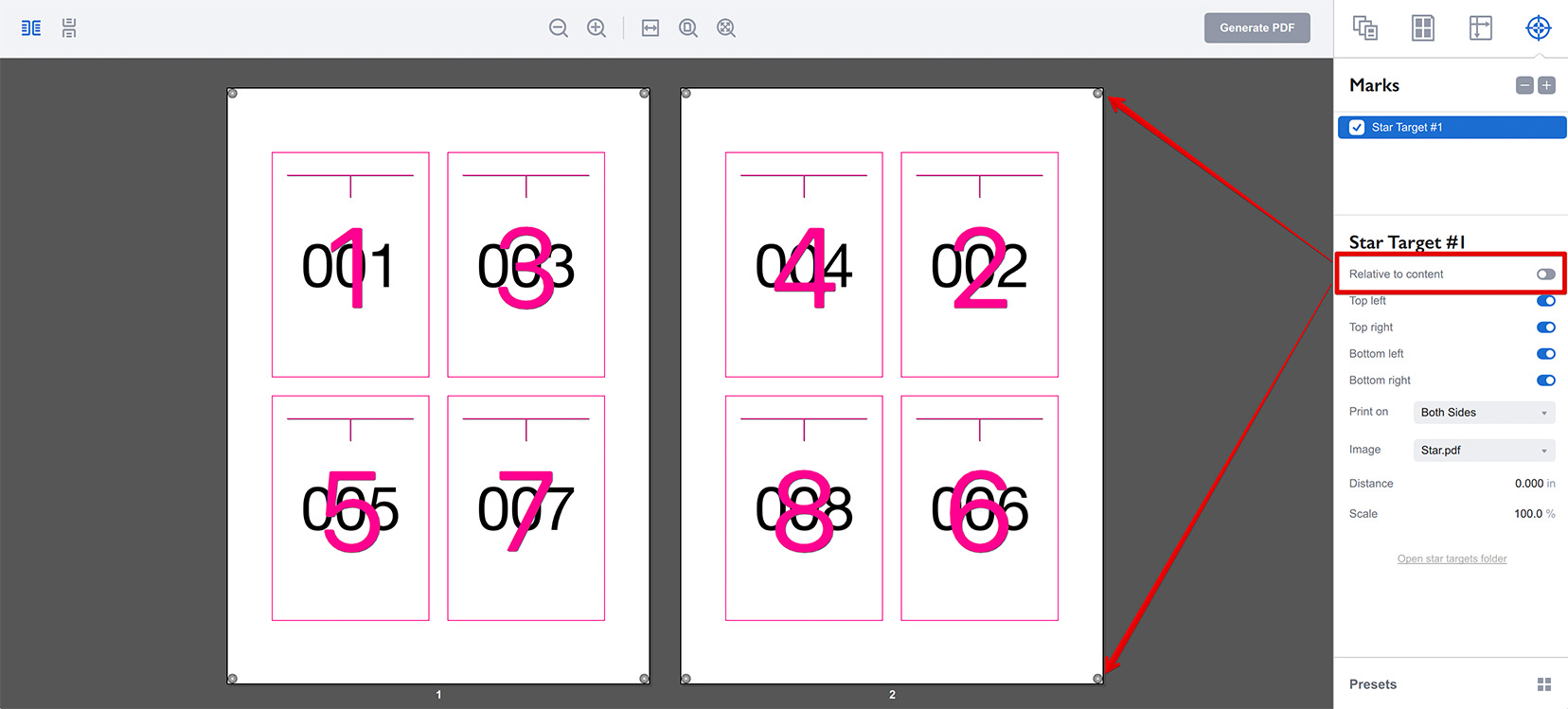 Placing star target marks next to the sheet edges