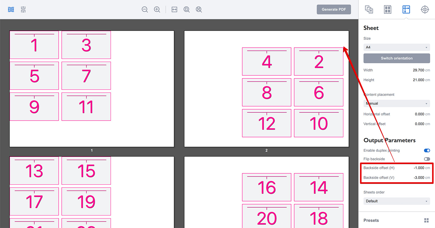 Backside offset in duplex printing in Imposition Wizard