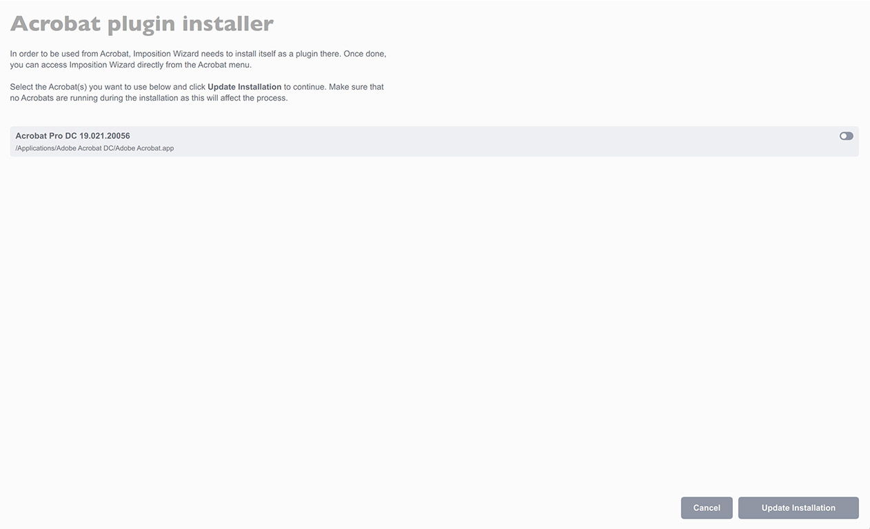 Acrobat plugin installer in Imposition Wizard 3