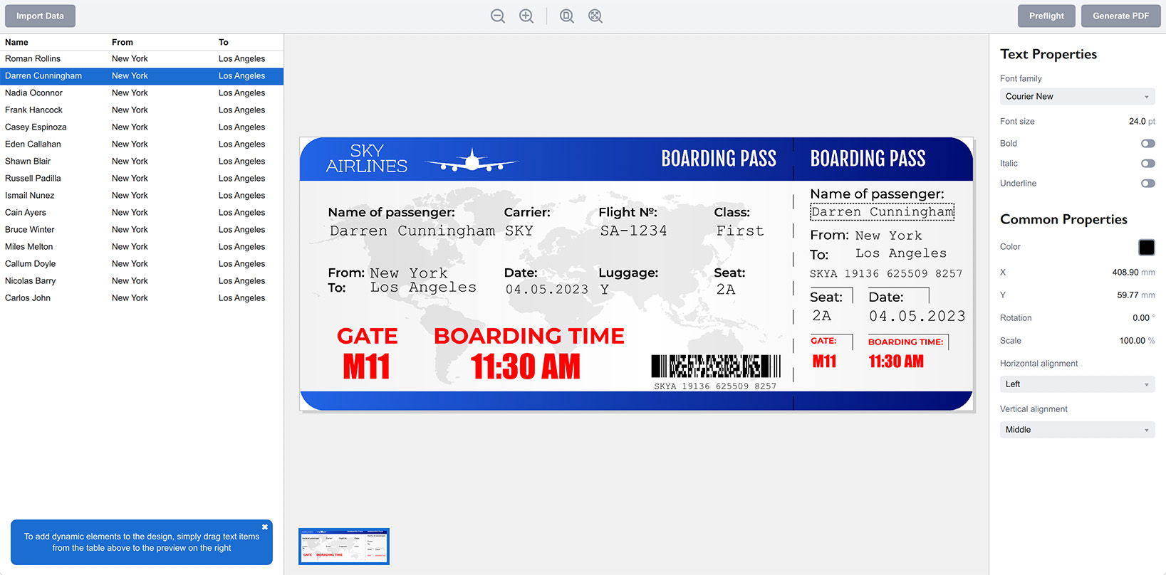 Boarding Pass example made in Ticket Wizard