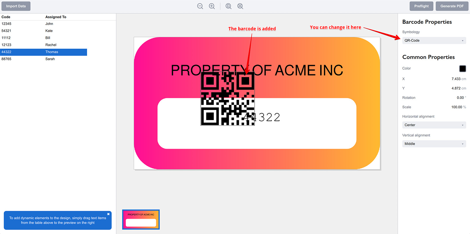 Barcode added to the template in Ticket Wizard