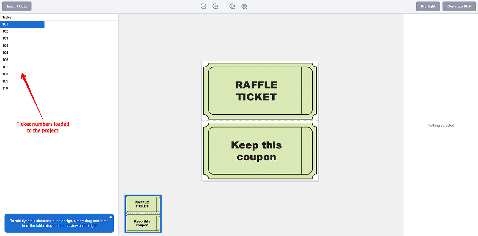Raffle ticket data loaded to the Ticket Wizard project