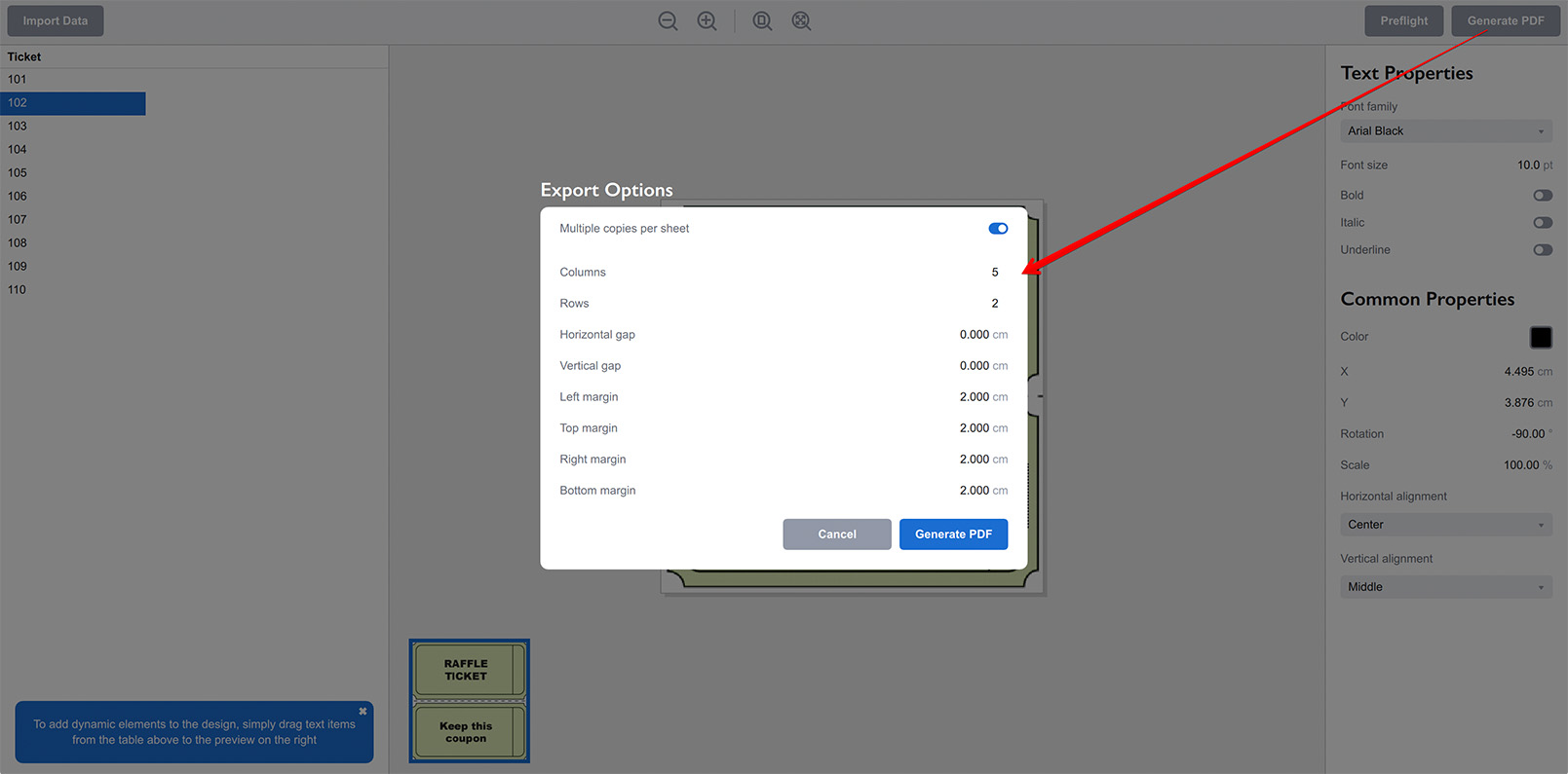 PDF export settings in Ticket Wizard